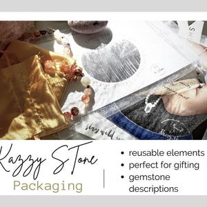 May include: A close-up of a gold satin pouch and a beaded necklace with a variety of gemstones. The pouch and necklace are on a white background with the text "Kazzy Stone Packaging" and a list of features: "reusable elements", "perfect for gifting", "gemstone descriptions".