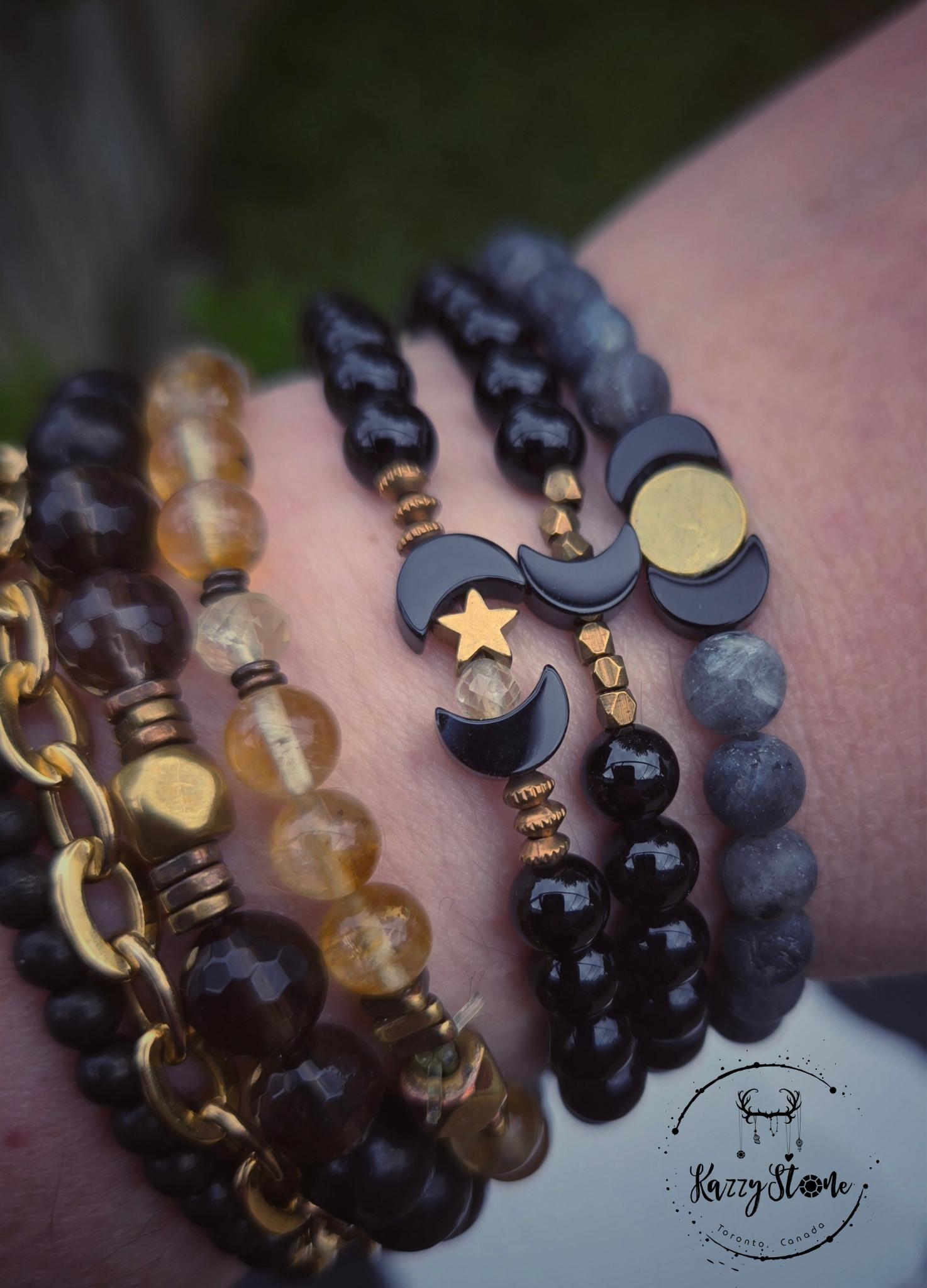 Dark Celestial Black Onyx Larvikite & Agate Bracelets, Crescent Moon…