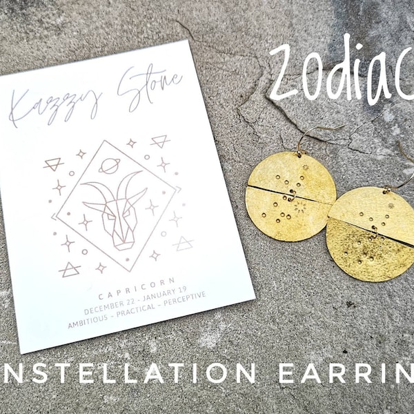 Zodiac Constellation Earrings / Unique Handstamped Personalized Bohemian Dangle Earrings / January - December Handmade Birthstone Jewelry /