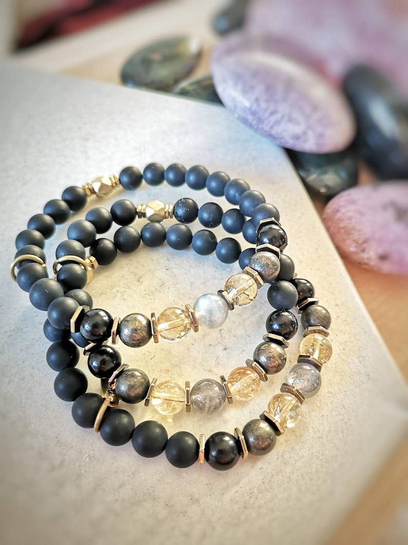 Citrine Shungite Labradorite Pyrite Onyx Bracelet / STRENGTH and JOY Bracelet / Good Fortune, Willpower & Negative Energy Shield image 2