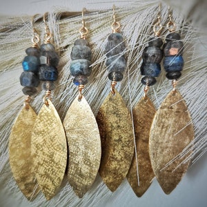 Boho Labradorite Earrings / 14k Gold Filled Ear wires, Flashy Labradorite, Hammered Brass / Celestial Witchy Goddess Jewelry / Moon Jewelry