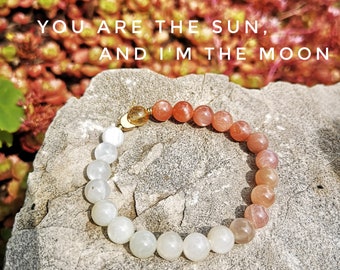 Moonstone Bracelet /  SUN & MOON Bracelet/ High Quality  Natural Moonstone / Ombre , Peach, Cream, Silver - Gift for Her - romantic gift