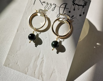 Gold Filled Hoops - 14k gold-filled hinged hoops w Canadian Jade & Pearl Drop / Dress up or down Gold Earrings / Timeless Jewelry