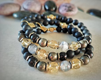 Citrine Shungite Labradorite Pyrite Onyx Bracelet / STRENGTH and JOY Bracelet / Good Fortune, Willpower & Negative Energy Shield