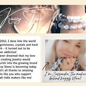 May include: A woman with blonde hair smiles at the camera. She is wearing a green ring and a leopard print scarf. The text "I'm Cassandra, the maker behind Kazzy Stone!" is written below the image.