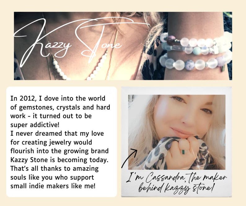 May include: A woman with blonde hair smiles at the camera. She is wearing a green ring and a leopard print scarf. The text "I'm Cassandra, the maker behind Kazzy Stone!" is written below the image.