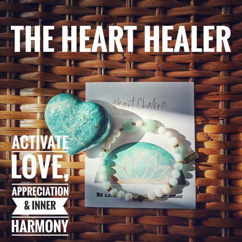 May include: A green heart-shaped stone with gold flecks, a bracelet with green and white beads, and a card with the text "Heart Chakra Love, Harmony and Peace" on a woven wicker background. The text "Activate Love, Appreciation & Inner Harmony" is also visible.
