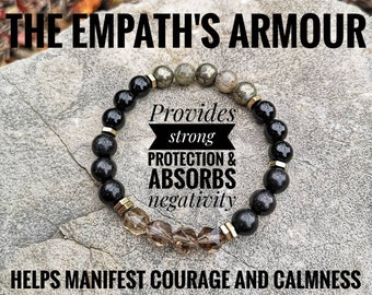 The Empath's Armour Protection Bracelet / High Quality Black tourmaline, labradorite, Lustrous Natural Russian Shungite, pyrite EMF Shield