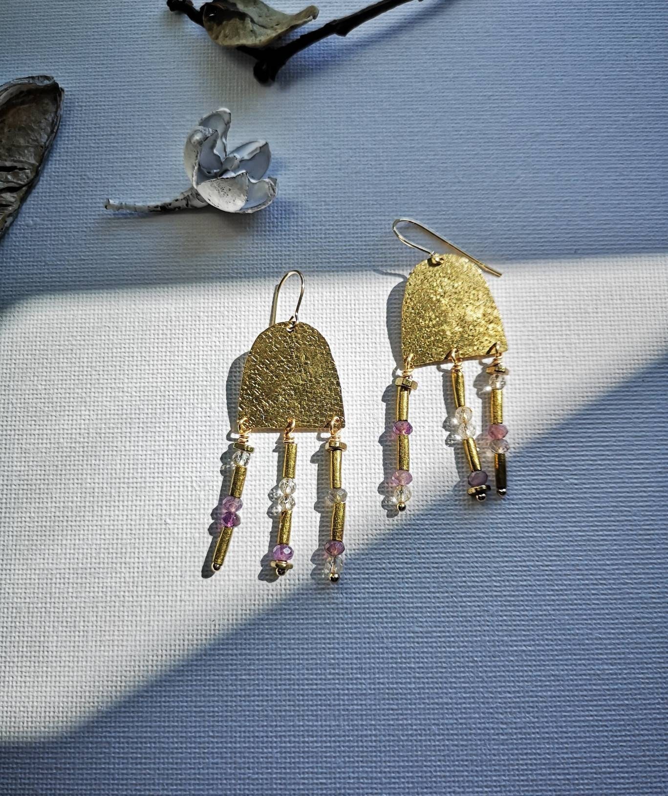 Handmade Amethyst Earrings / Gold and Brass silk handtextured Earrings / Gift for Mom Sister Wife / Unique boho gemstone Earrings