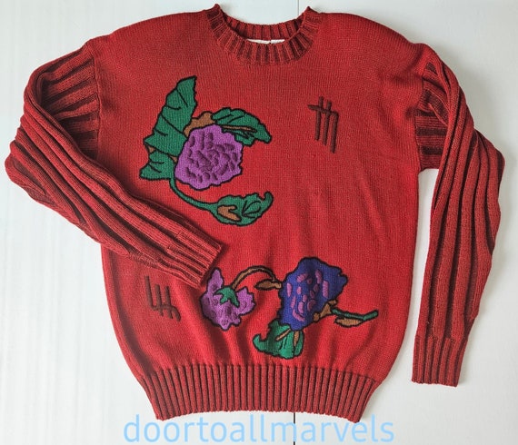 Vintage '80s Embroidered Sweater Women sz L Boot … - image 3