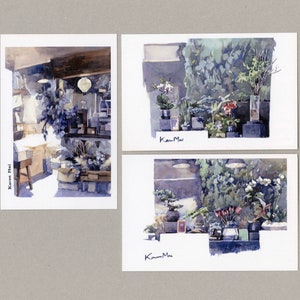 Postales de acuarela de Hong Kong / Cafés florales / paisaje urbano