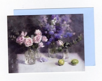 Rose and Delphinium Watercolor Note Card | floral greeting card