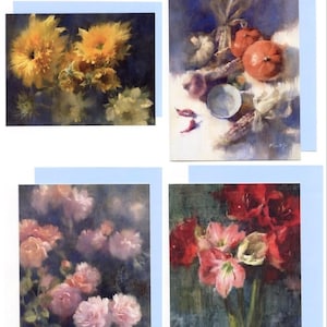 Cartão de nota de aquarela de flores | Cartão de saudação de natureza morta | Rosas | Girassóis | Abóboras | Amarílis | Cartão de Ação de Graças