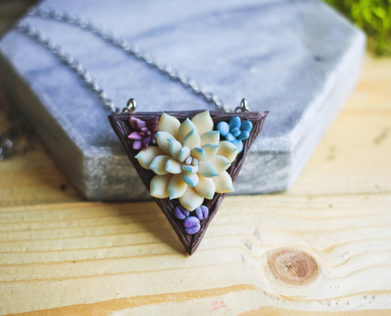 Succulent pendant necklace from Polymer clay Wooden necklace Etsy