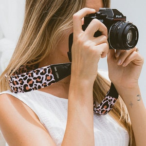 Leopard Print Camera Strap for DSLR & Mirrorless Cameras, Adjustable Canvas with Vegan Leather Ends