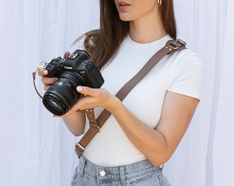 The Hallee Single Camera Harness, Brown and Gold Stylish Camera Harness, Vegan Leather