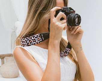 Leopard Print Canvas Camera Strap, Adjustable, Vegan Leather Ends