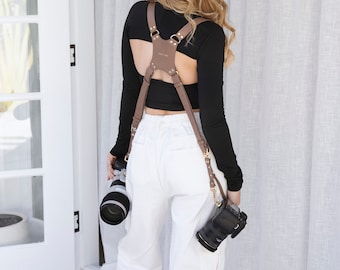 The Hallee Dual Camera Harness, Brown and Gold Stylish Camera Harness, Vegan Leather