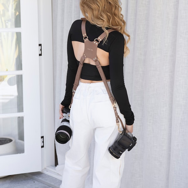 The Hallee Dual Camera Harness, Brown and Gold Stylish Camera Harness, Vegan Leather