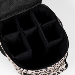 Womens stylish leopard print camera backpack, stylish camera backpack for women, leopard print has a matching leopard print camera strap