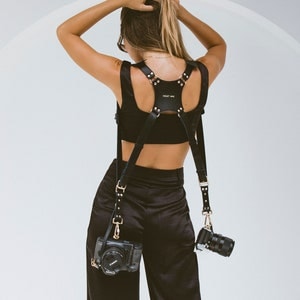 The Leila Dual Camera Harness, Black and Gold Stylish Camera Harness, Vegan Leather image 1