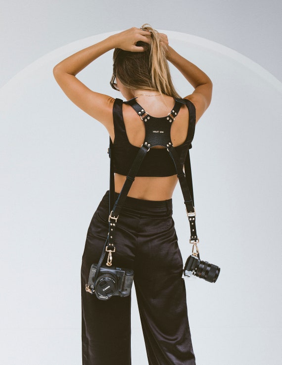 The Leila Dual Camera Harness, Black and Gold Stylish Camera Harness, Vegan  Leather - Etsy Ireland