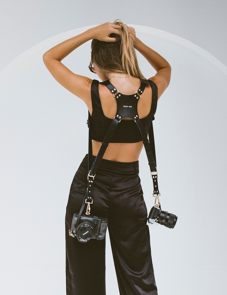 The Leila Dual Camera Harness, Black and Gold Stylish Camera Harness, Vegan Leather image 1