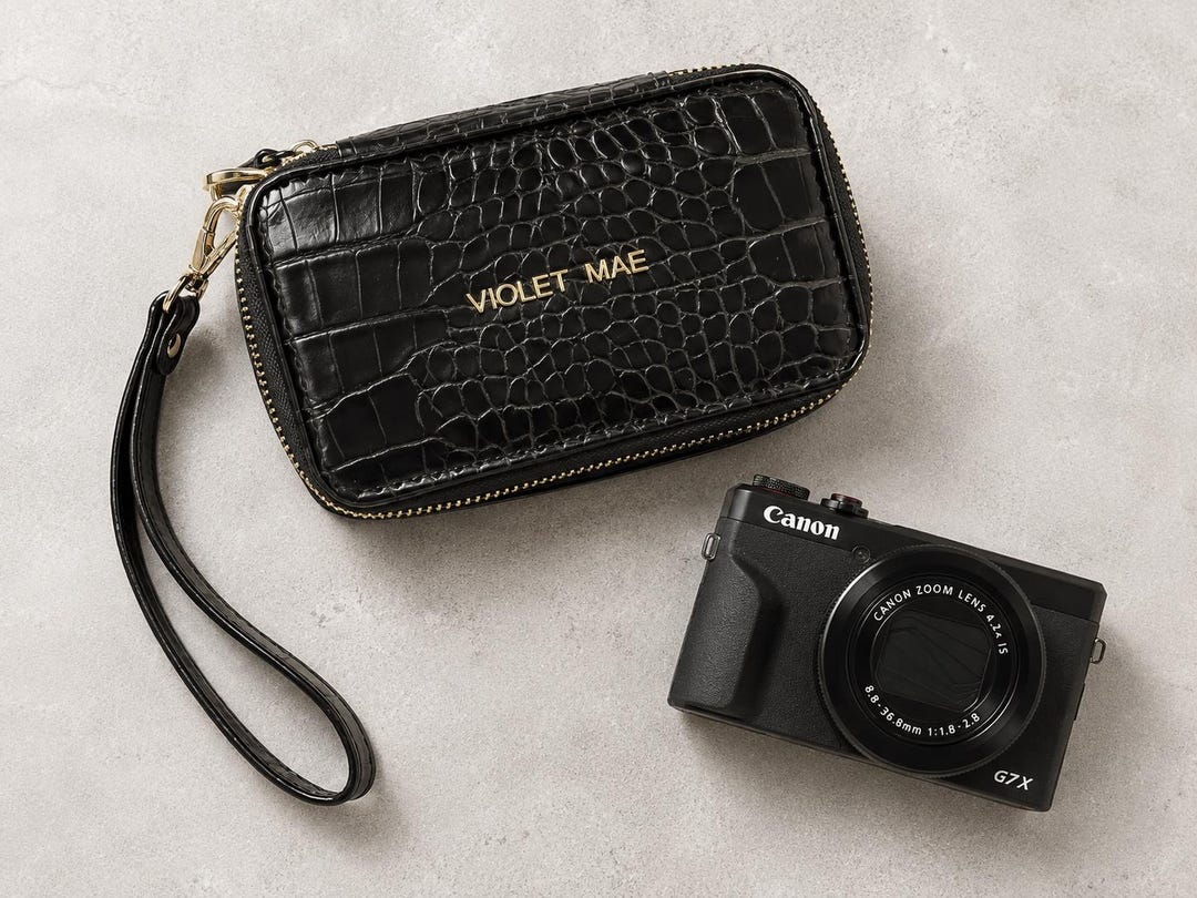 Black Croc Camera Case for Canon G7X Mark II & III, Vegan Leather