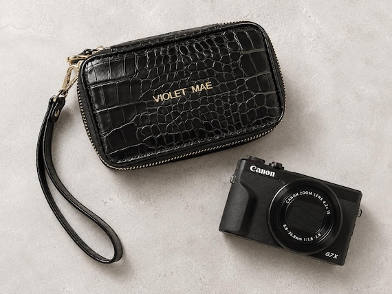 Black Croc Camera Case for Canon G7X Mark II & III, Vegan Leather