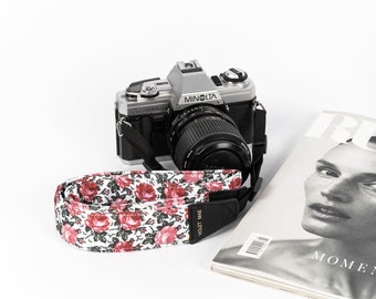 Rose Print Camera Strap, Waxed Canvas, Vegan Leather