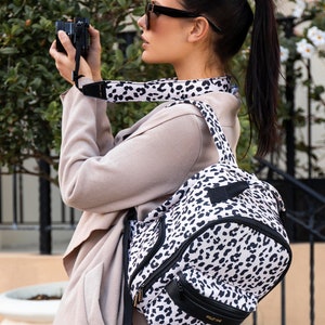 Womens stylish leopard print camera backpack, stylish camera bag for women, leopard print has a matching leopard print camera strap, ladies stylish camera bag