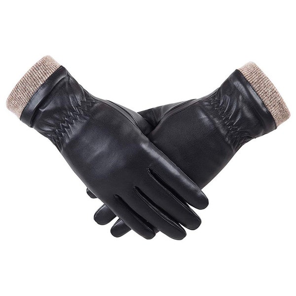 Winter PU Leather Gloves for Women, Wool Fleece Lined Warm Gloves, Touchscreen Texting Thick Thermal Snow Driving Gloves