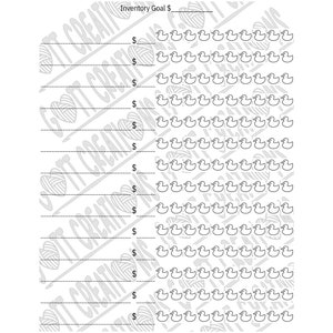 May include: A white prep list for inventory tracking. The list includes spaces for a prep list, inventory goal, and restock date. The list has a grid of duck icons for tracking inventory.
