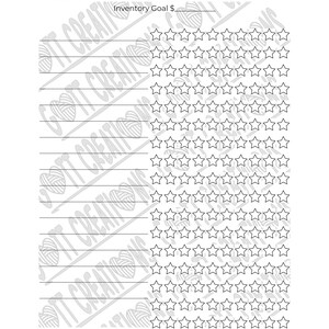 May include: A printable inventory tracker with a list of items to prepare for an event or restock. The tracker has a section for a prep list and a section for a restock or event date. There is also a section for an inventory goal with a dollar sign.