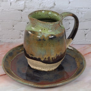 Handgemachter Steinzeug Krug und Teller Set, Blaue oder Grüne Keramik