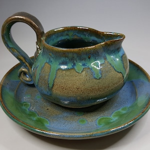 Ceramic Creamer, Ceramic Pitcher, Small Pitcher, Stoneware Creamer, Giftware, Blue and green Pitcher, Creamer, Pottery, creamer and saucer