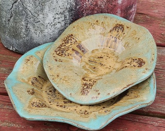 Handmade Ceramic Pasta Bowl Set, Speckled Stoneware, Earthy Sand & Seafoam Rim