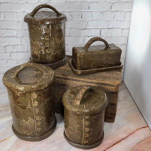 Ceramic Canister Set of 3, Rustic Canister Set, Brown Canister Set, Maple leaf Pattern, Handmade Canisters, Pottery, Wedding,Rustic,Giftware