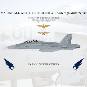 May include: A gray and white fighter jet with the words "VMFA(AW)-533" and "MARINES" on the side. The jet is flying over a white background with the words "MARINE ALL WEATHER FIGHTER ATTACK SQUADRON 533" and "OPERATION INHERENT RESOLVE" at the top. The words "SHEIK ISA AIR BASE, BAHRAIN" and "April - October 2016" are also visible. The words "IN HOC SIGNO VINCES" are printed below the jet.