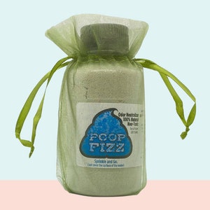 May include: A green pouch with a drawstring closure contains a white bottle with a green label. The label reads "Odor Neutralizer 100% Natural Non-Toxic" and features a cartoon poop with the words "POOP FIZZ" in blue. The label also says "Sprinkle and Go. (Just cover the surface of the water)"