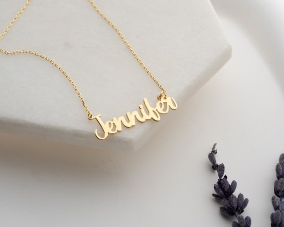 14k Solid Gold Cursive Name Necklace Minimal Necklace Personalized Jewelry  Custom Name Plate Necklace Bridesmaids Gift New Mom 