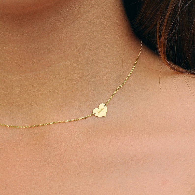 14K Solid Gold Personalized Minimal Heart Necklace, Choker Name Necklace, Name Engraved Heart Necklace, Custom Name Necklace, Sideway 