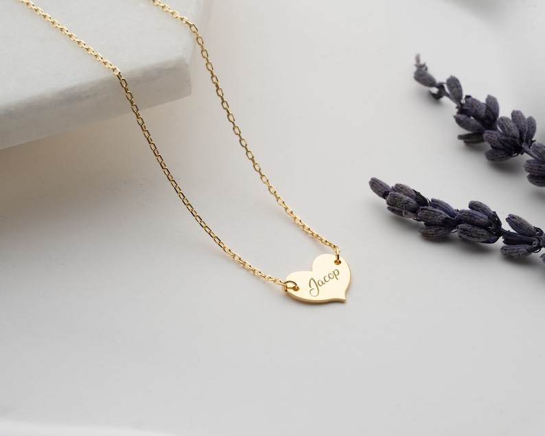 14K Solid Gold Personalized Minimal Heart Necklace, Choker Name Necklace, Name Engraved Heart Necklace, Handmade Jewelry, gifts for mom image 4