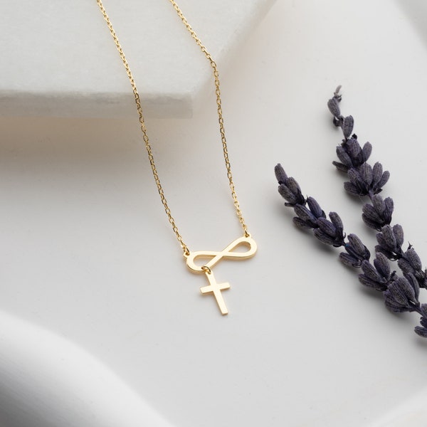 Infinity Cross Necklace, Infinity Crucifix Necklace, 14K Solid Gold Infinity Cross Necklace, Religious Jewelry, Handmade Jewelry