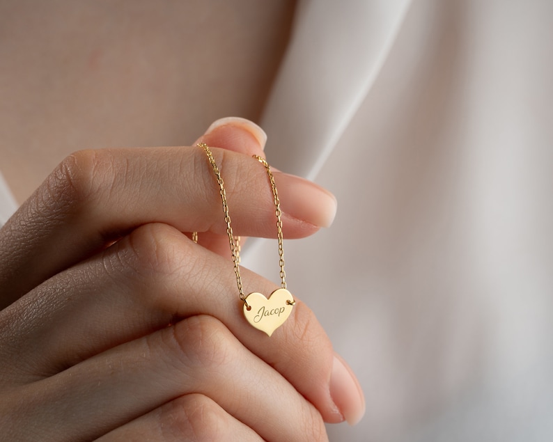 14K Solid Gold Personalized Minimal Heart Necklace, Choker Name Necklace, Name Engraved Heart Necklace, Handmade Jewelry, gifts for mom image 7