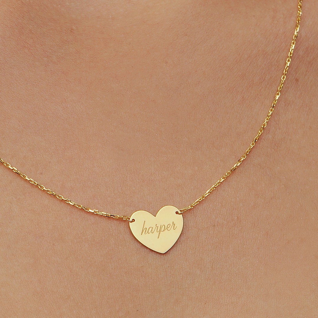 14K Solid Gold Heart Necklace/ Heart Name Necklace/ Love Etsy