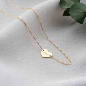 14K Solid Gold Personalized Minimal Heart Necklace, Sideway Heart Necklace, Name Engraved Heart Necklace, Handmade Jewelry, gifts for mom
