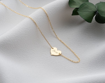 14K Solid Gold Personalized Minimal Heart Necklace, Choker Name Necklace, Name Engraved Heart Necklace, Handmade Jewelry, gifts for mom
