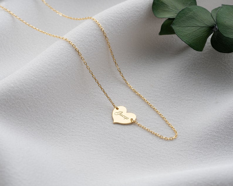 14K Solid Gold Personalized Minimal Heart Necklace, Choker Name Necklace, Name Engraved Heart Necklace, Handmade Jewelry, gifts for mom image 1