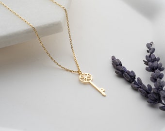 Tiny Key Necklace, Petite Skeleton Key Pendant, Minimalist Mini Key Necklace, Gold Key Charm, Best Friend Gift, Handmade Jewelry
